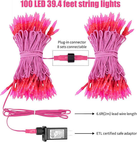 Minetom Pink String Lights – Patio and Pergola Decor, Waterproof 39ft 100 LED Outdoor Lights with Remote