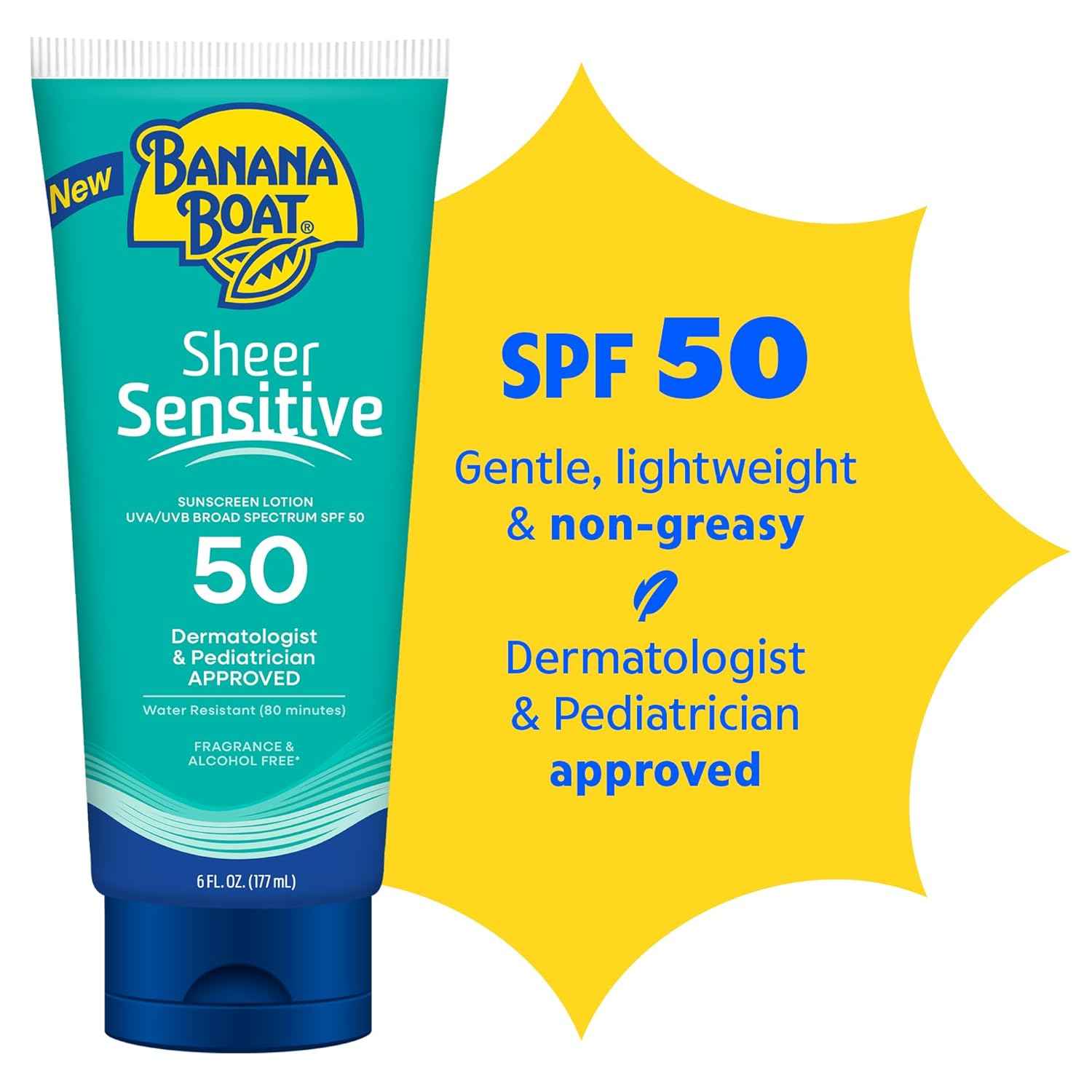 Banana Boat Sheer Sensitive Body Lotion SPF 50 – Pediatrician-Tested Kids Sunscreen for Beach, Pool, and Playtime, 6oz