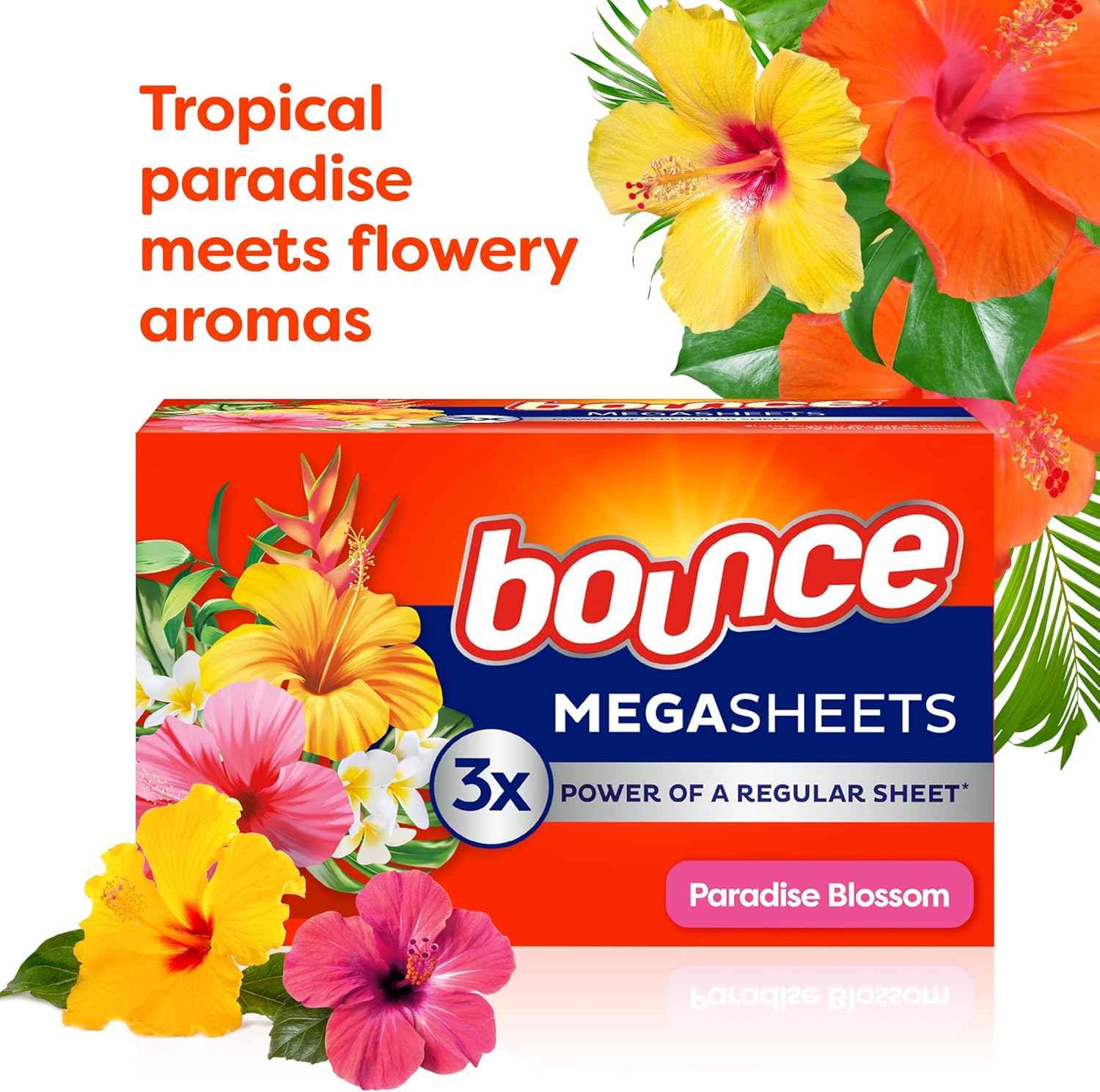 Bounce Mega Dryer Sheets, Paradise Blossom, Mega Fabric Softener Sheets with Static Control, Wrinkle Reduction, Extra Softness, Lasting Scent, Repels Lint