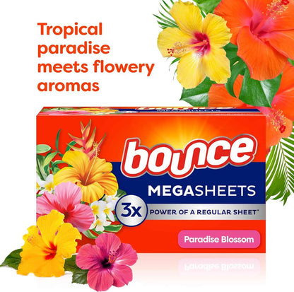 Bounce Mega Dryer Sheets, Paradise Blossom, Mega Fabric Softener Sheets with Static Control, Wrinkle Reduction, Extra Softness, Lasting Scent, Repels Lint