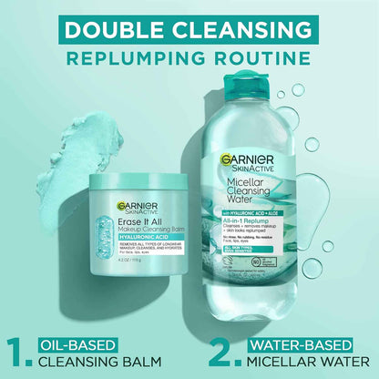Garnier Erase It All Makeup Cleansing Balm with Hyaluronic Acid, Replumping Facial Cleanser and Makeup Remover, 4.2 Oz