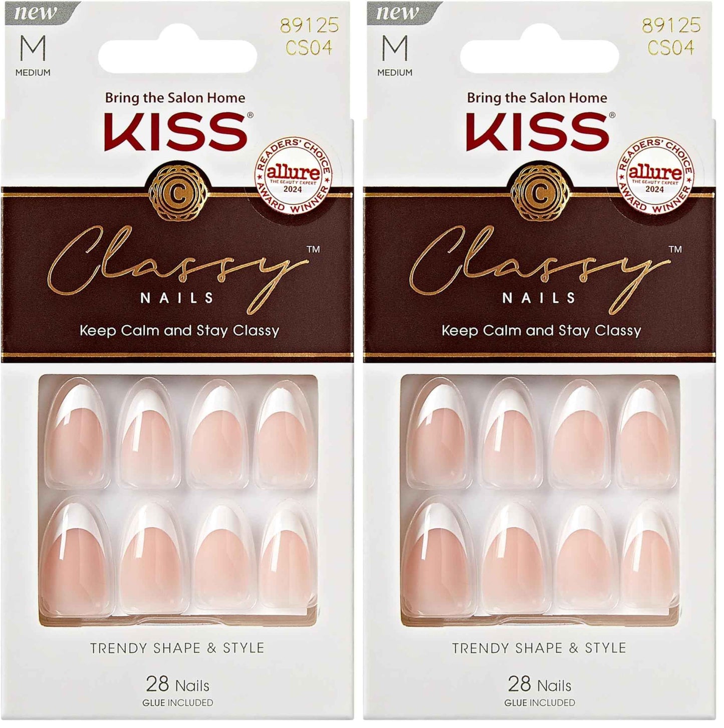 KISS Classy, Press On Nails, Nail glue included, White, Medium Size, Almond Shape, Includes 28 Nails, 2g glue, 1 Manicure Stick, 1 Mini File