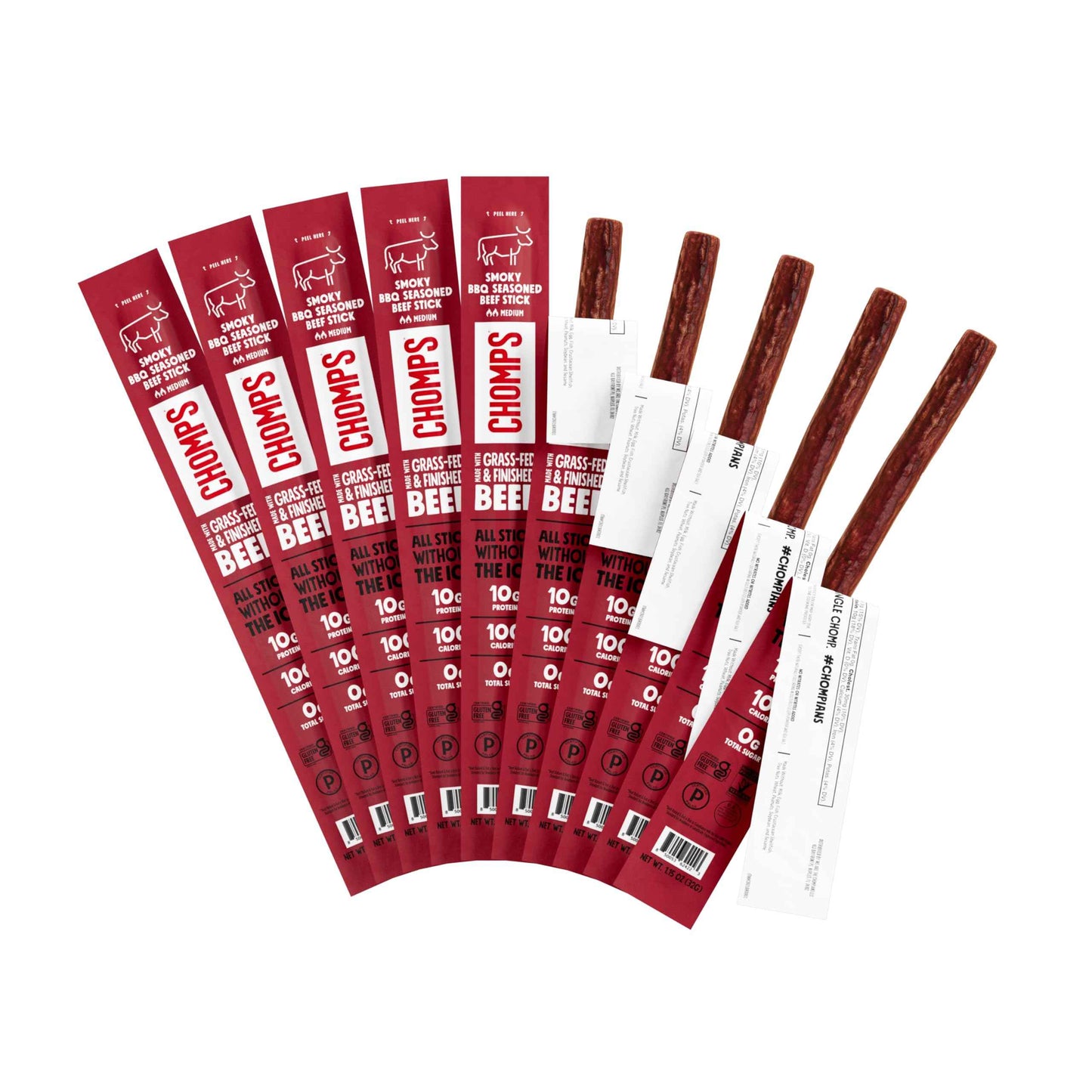 Chomps Grass-Fed and Finished Jerky Snack Sticks 10-Pack - Keto, Paleo, Whole30, 10g Lean Meat Protein, Gluten-Free, Zero Sugar Food, Non-GMO