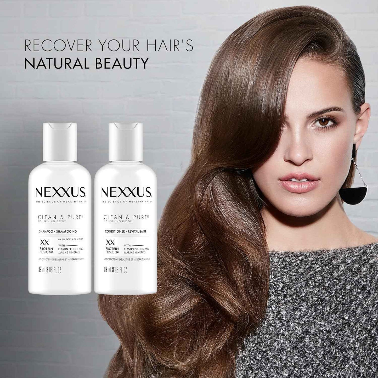 Nexxus Travel Shampoo and Conditioner, Clean & Pure – Hair Products with Elastin Protein and Marine Minerals, Sulfate-Free, 3 Oz Ea
