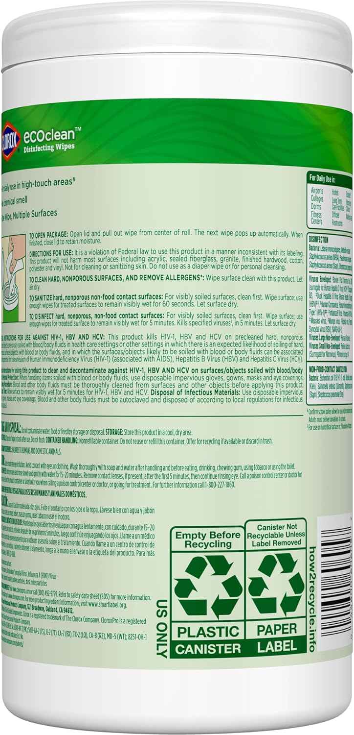 CloroxPro Clorox EcoClean Disinfecting Wipes, Multipurpose 100% Plant Based Cleaning Cloths, Antibacterial Disinfectant, Safe for Multi Surface Use