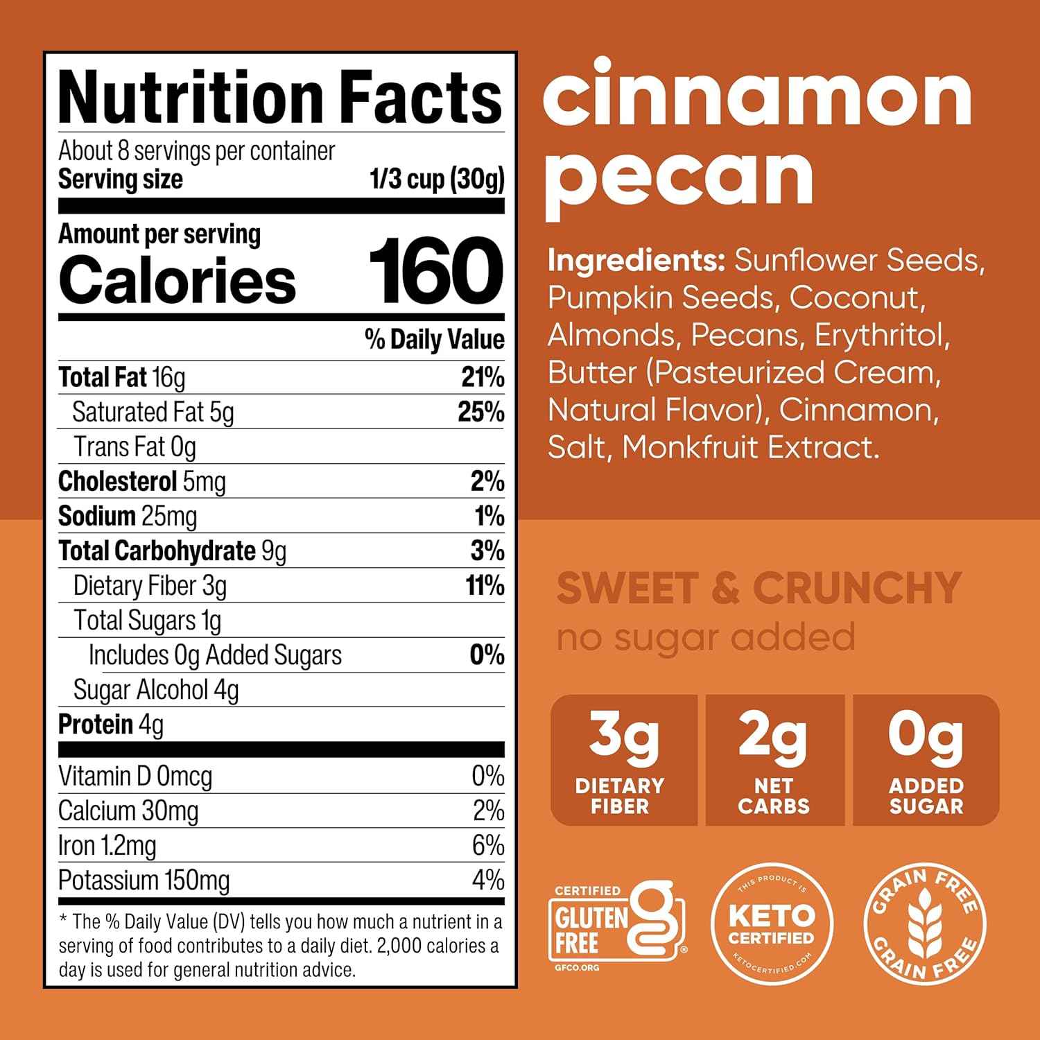 NuTrail Nut Granola Cereal, Cinnamon Pecan, No Sugar Added, Gluten Free, Grain Free, Keto, Low Carb, Healthy Breakfast 8 oz