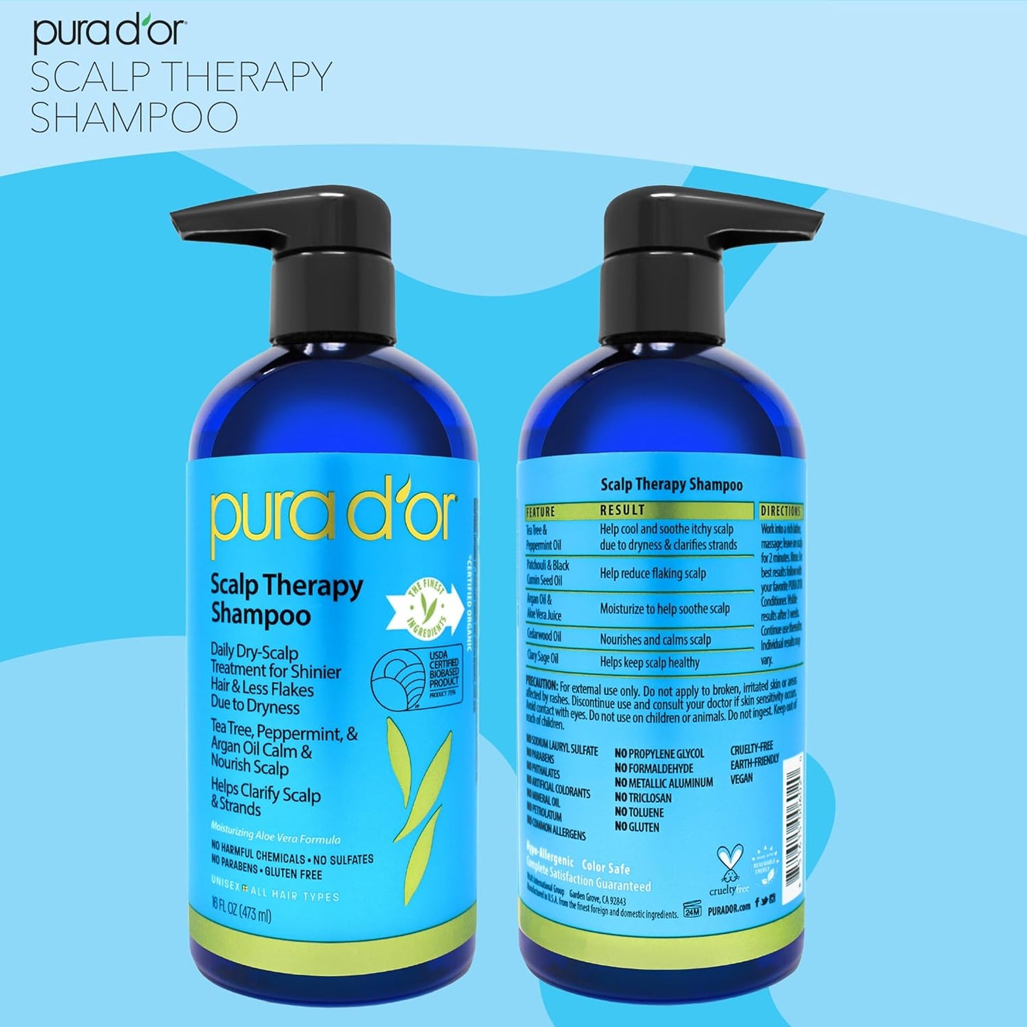 PURA_D'OR_Scalp_Therapy_Shampoo_Hydrates_&_Nourishes_Scalp_-_Scalp_Shampoo_For_Itchy_Flaky_Scalp_w/Tea_Tree,_Peppermint,_Patchouli,_Cedarwood,_Clary_Sage,_Argan_Oil,_Tea_Tree_Peppermint_Scent_16_Oz