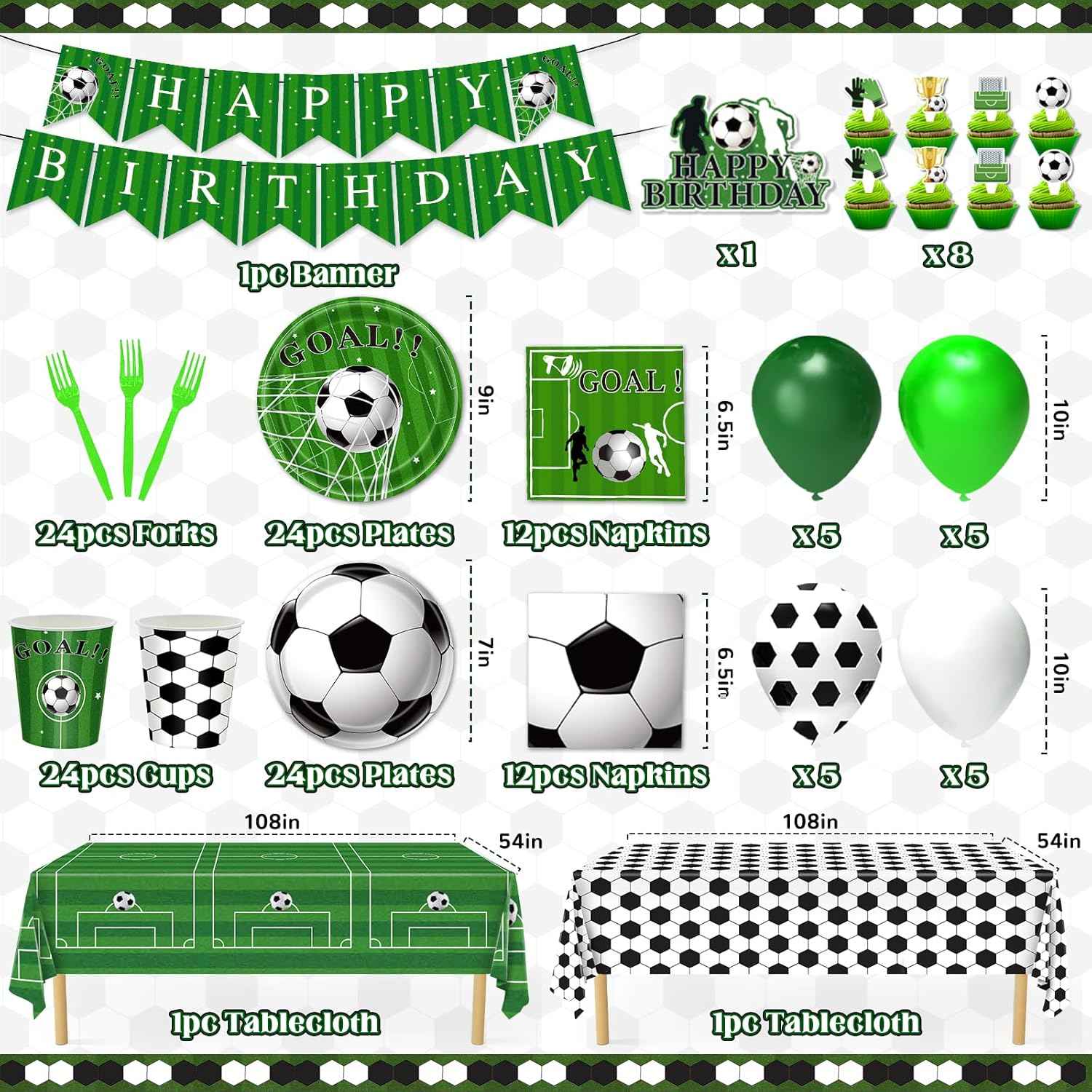 Soccer Party Decorations, 143Pcs Soccer Birthday Party Supplies-Serves 24 with Plates and Napkins Tablecloth and Birthday Banner Balloons for Soccers Sports Theme Birthdays Decorations