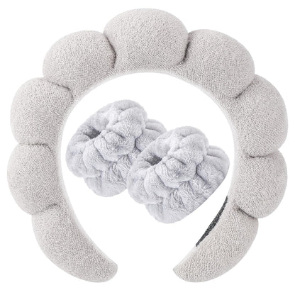 Zkptops Spa Headband for Washing Face Wristband Set Sponge Makeup Skincare Terry Cloth Headband Bubble Soft Get Ready Hairband for Women Girl Puffy Padded Headwear Non Slip Hair Accessory(Light Grey2)