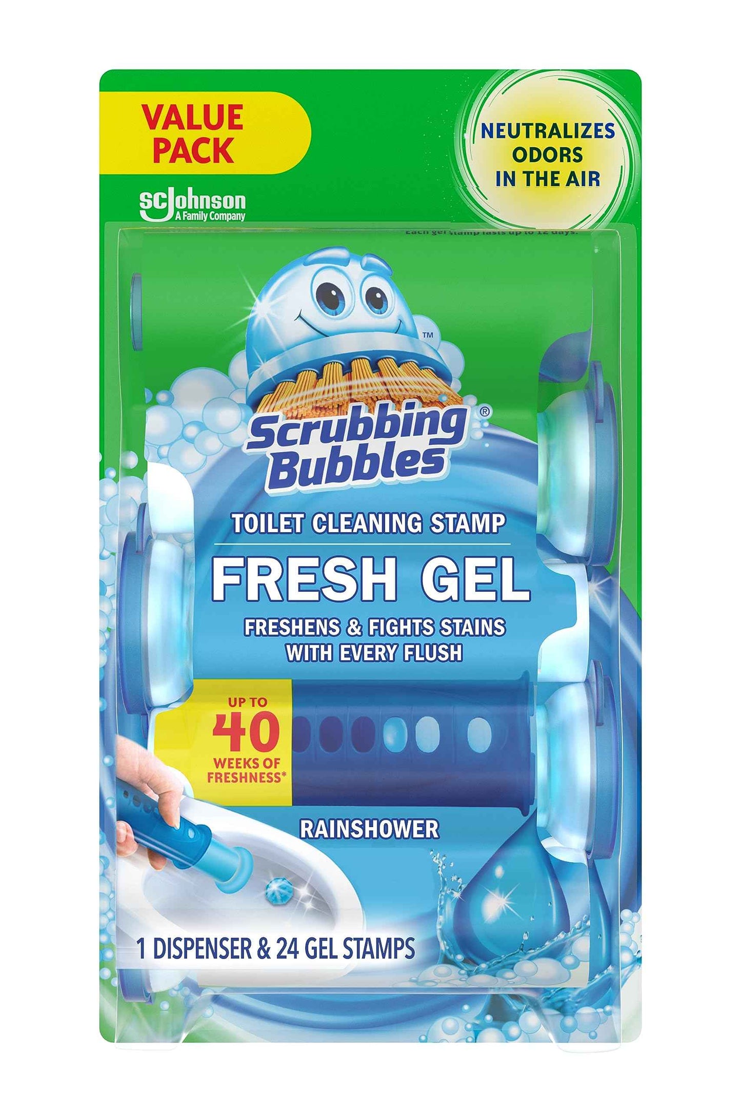 Scrubbing Bubbles Fresh Gel Toilet Bowl Cleaning Stamps Refills, Helps Keep Toilet Clean and Helps Prevent Limescale & Rings, Rainshower Scent