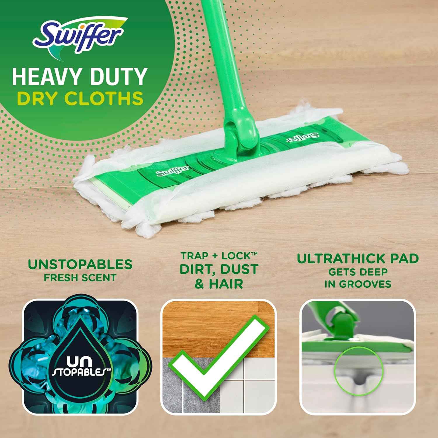 Swiffer Sweeper Heavy Duty Dry Multi-Surface Cloth Refills for Floor Sweeping and Cleaning, Unstopables Fresh Scent, 20 Count