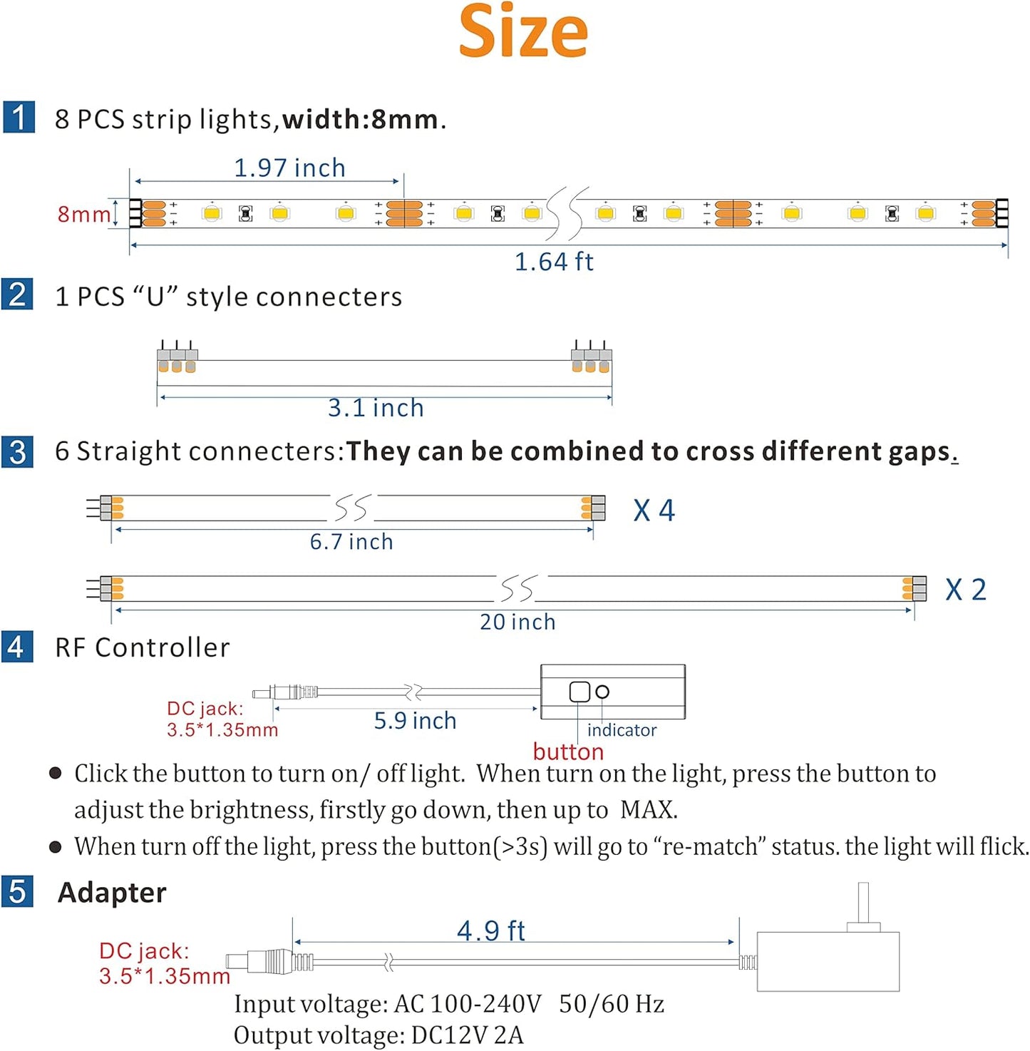 WOBANE_Under_Cabinet_Lighting,_8PCS_LED_Strip_Lights_with_Remote_and_24W_Adapter,_Ultra_Bright_240-LED_Tape_Light_for_Kitchen,Counter,Shelf,TV_Back_Warm_White/Natural_White/White,Dimmable,Timing,Memory_Function