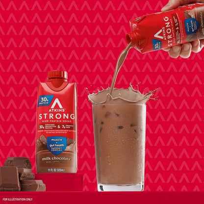 Atkins Strong High Protein Shake, 30g Protein, 7g Prebiotic Fiber, 1g Sugar, GLP-1 Support, Muscle & Gut Health Support Complex