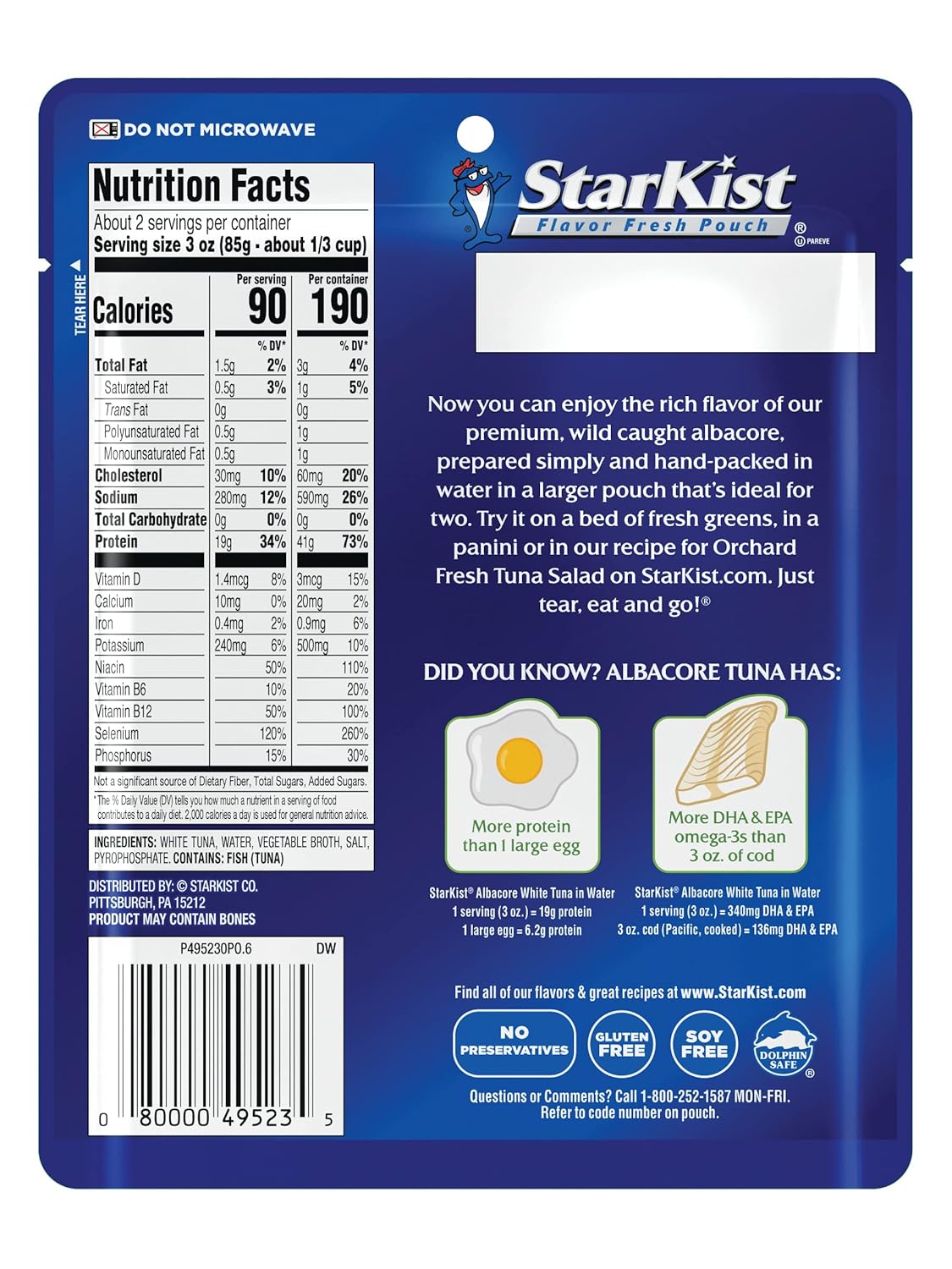StarKist_Albacore_White_Tuna_in_Water,_6.4_oz_Pouch_(1_Pack)_Ready_to_Eat_Wild_Caught_Tuna,_19g_Protein_Per_Serving,_90_Calories_Per_Serving,_Gluten_Free,_Soy_Free,_Kosher,_Perfect_for_Meals_&_Snacks