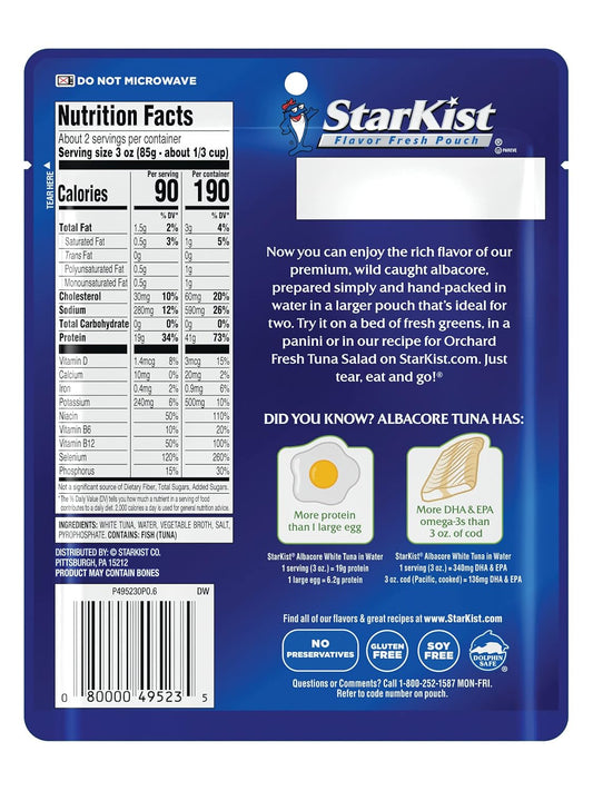 StarKist_Albacore_White_Tuna_in_Water,_6.4_oz_Pouch_(1_Pack)_Ready_to_Eat_Wild_Caught_Tuna,_19g_Protein_Per_Serving,_90_Calories_Per_Serving,_Gluten_Free,_Soy_Free,_Kosher,_Perfect_for_Meals_&_Snacks
