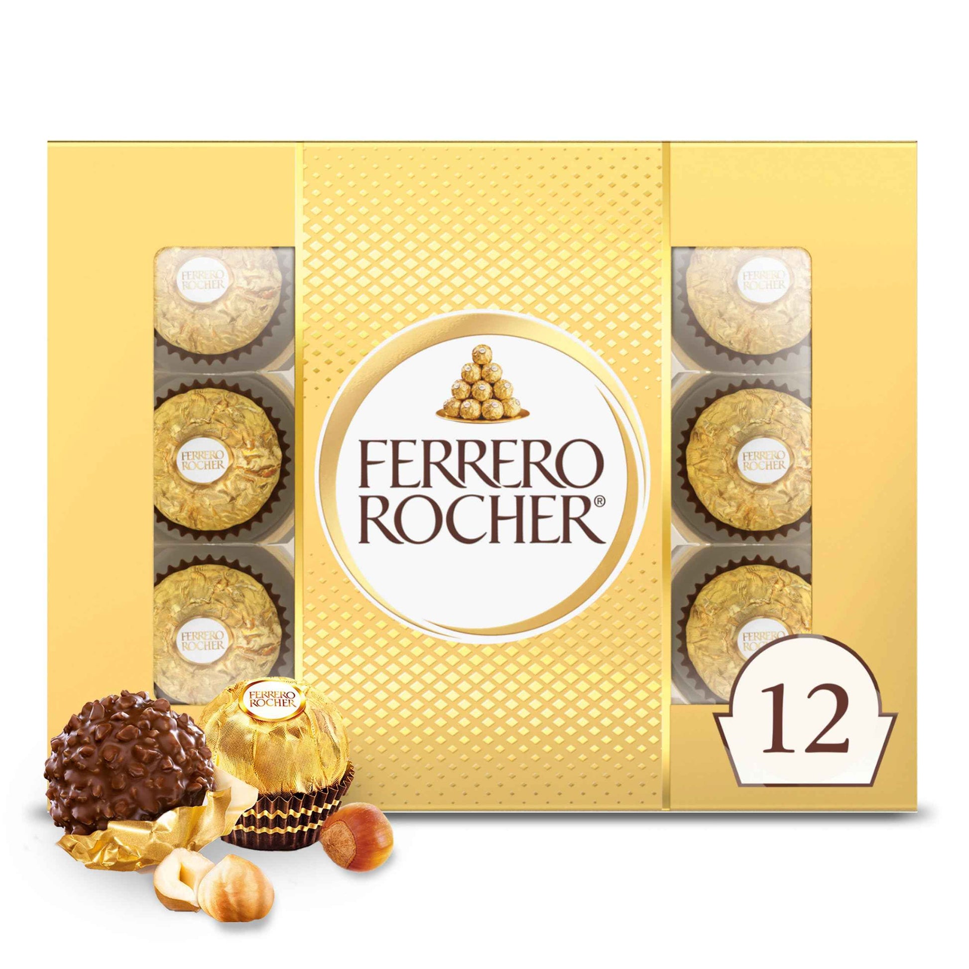 Ferrero Rocher Gourmet Hazelnut Milk Chocolate Gift Box, 12 Individually Wrapped Chocolates, 5.3 oz