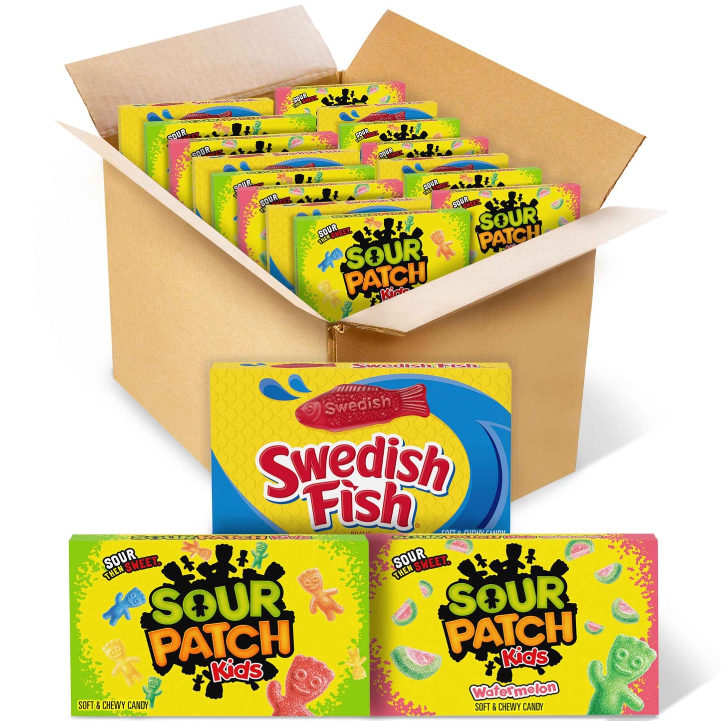 SOUR PATCH KIDS Original Candy, SOUR PATCH KIDS Watermelon Candy & SWEDISH FISH Candy Variety Pack, Easter Candy, 15 Movie Theater Candy Boxes