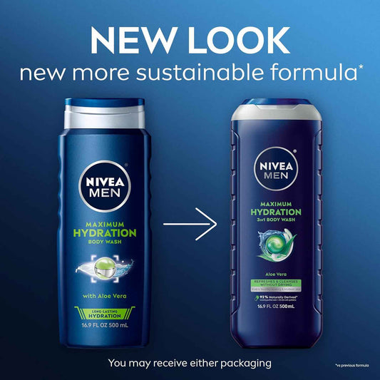 NIVEA MEN Maximum Hydration Body Wash for Dry Skin, Aloe Vera Enriched, 3-in-1 Moisturizing Body Wash, Face and Hair, Paraben Free, Vegan Formula