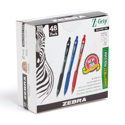 Zebra Pen Z-Grip Retractable Ballpoint Pen, Smooth-Flowing Black/Blue/Red Ink, 1.0mm Medium Point, School &amp;amp; Office Supplies, Ideal for Note-Taking, Journal and Planner Use, 48-Pack (22048)