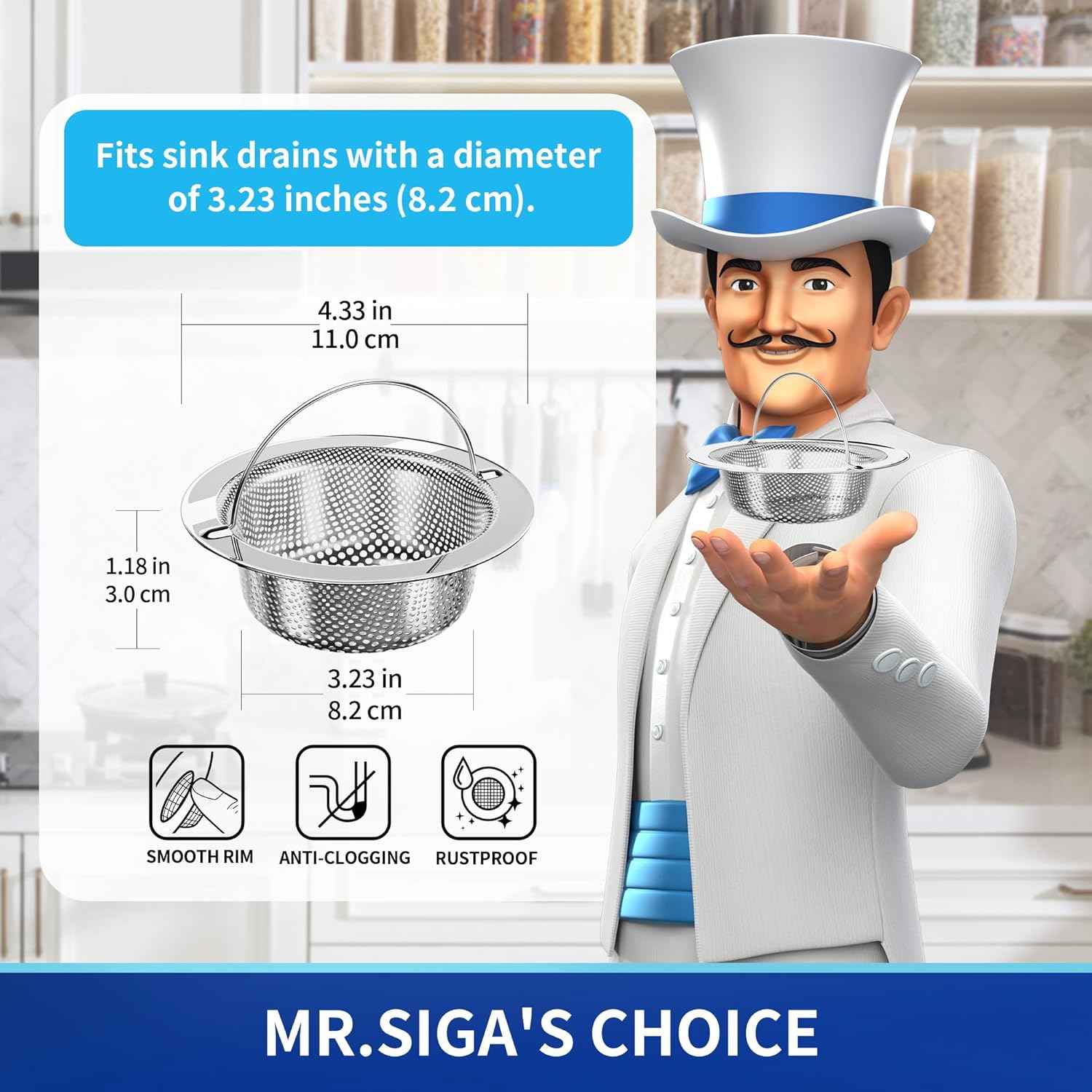 MR.SIGA Kitchen Sink Strainer, Stainless Steel Sink Drain Strainer, Dishwasher Safe, 2 Pack