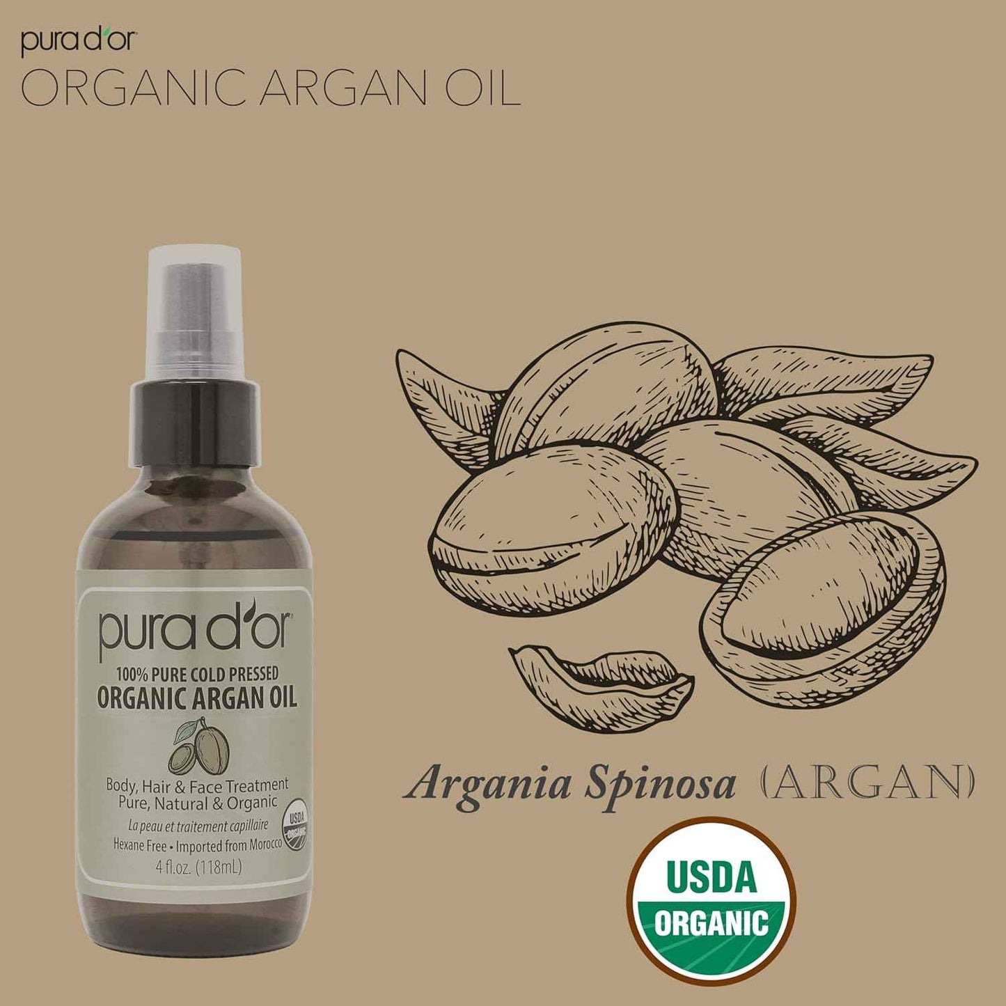 PURA D'OR 4 Oz Organic – 100% Pure Cold-Pressed Virgin Grade – Lightweight Moisturizer for Skin, Face, Body & Hair Relaxer – Helps Dry Skin, Scalp Care, Split Ends, Nails & Cuticles