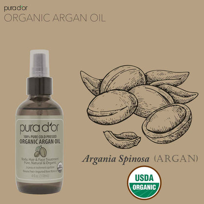 PURA D'OR 4 Oz Organic – 100% Pure Cold-Pressed Virgin Grade – Lightweight Moisturizer for Skin, Face, Body & Hair Relaxer – Helps Dry Skin, Scalp Care, Split Ends, Nails & Cuticles