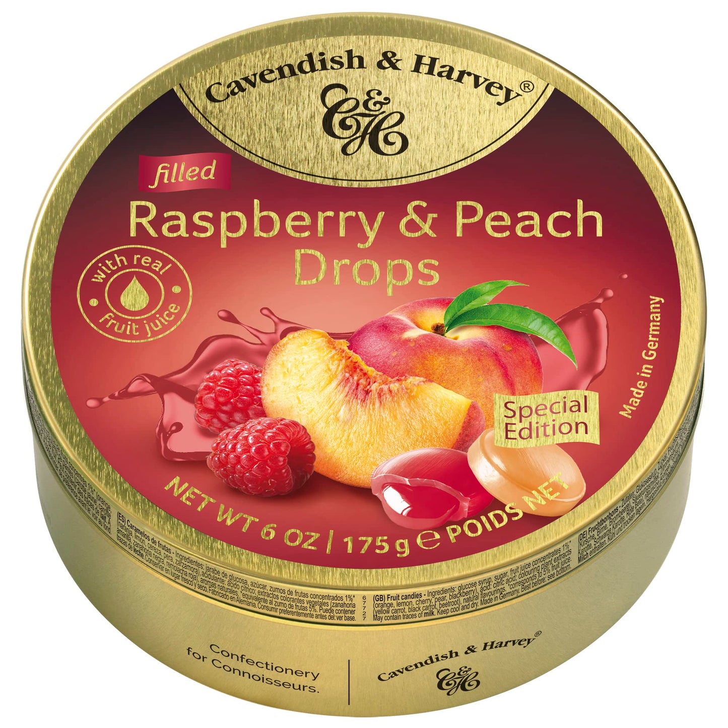 Cavendish &amp;amp; Harvey | Raspberry &amp;amp; Peach Filled Hard Candy Drops | 6 Ounce Tin