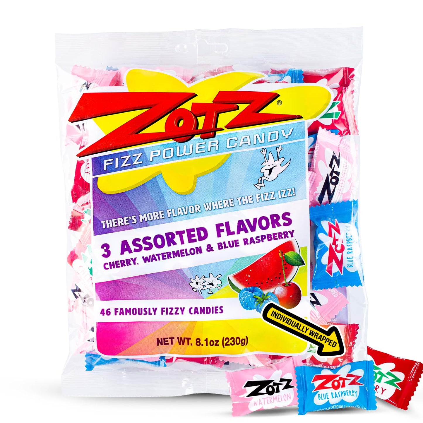 Zotz Fizzy Bulk Candy (Assorted, 46 Units)- Hard Candy Individually Wrapped- Assorted 3 Fruit Flavors, Cherry, Watermelon &amp;amp; Blue Raspberry- From Italy Since 1970