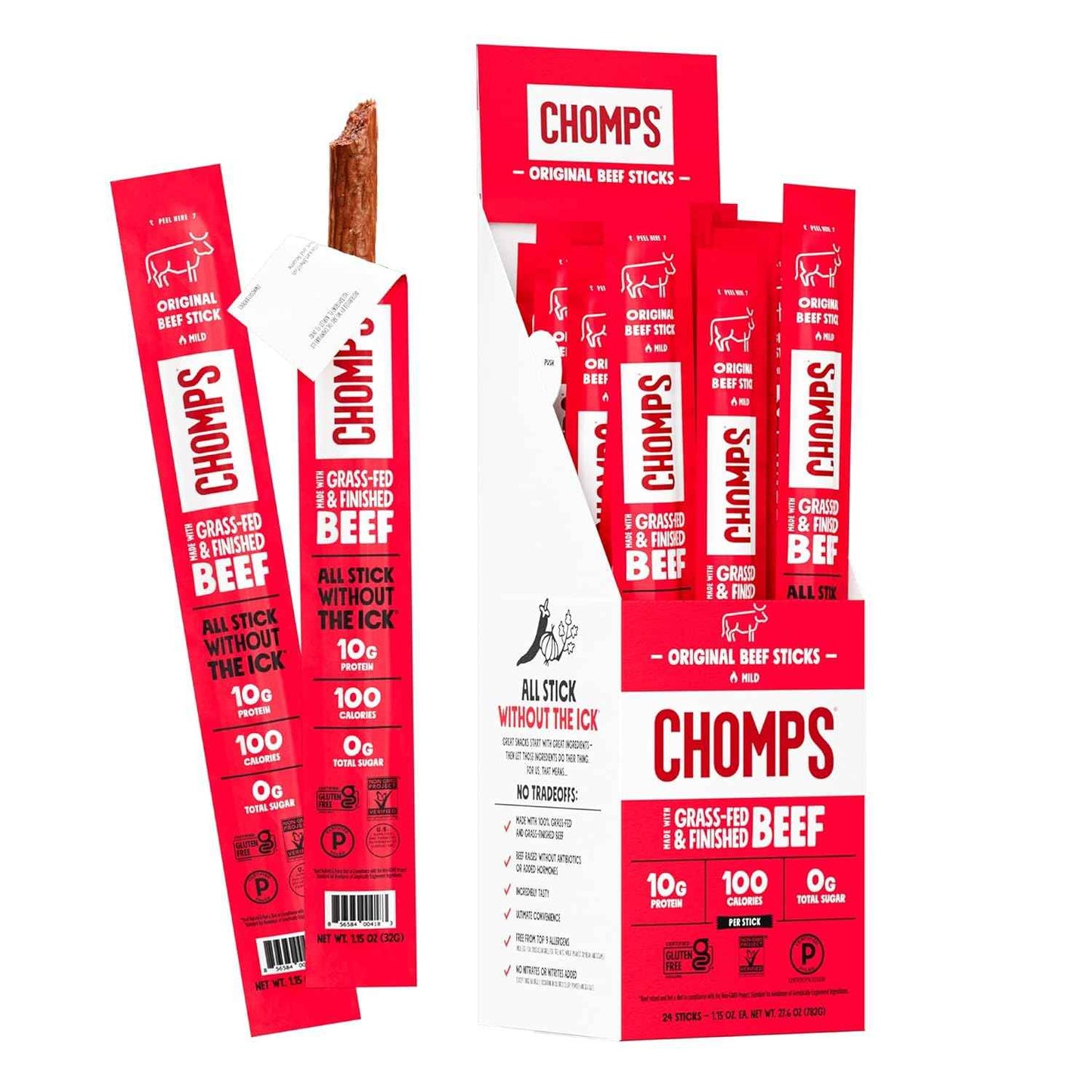 Chomps Grass-Fed and Finished Jerky Snack Sticks 24-Pack, Keto, Paleo, Whole30, 10g Protein, Gluten-Free