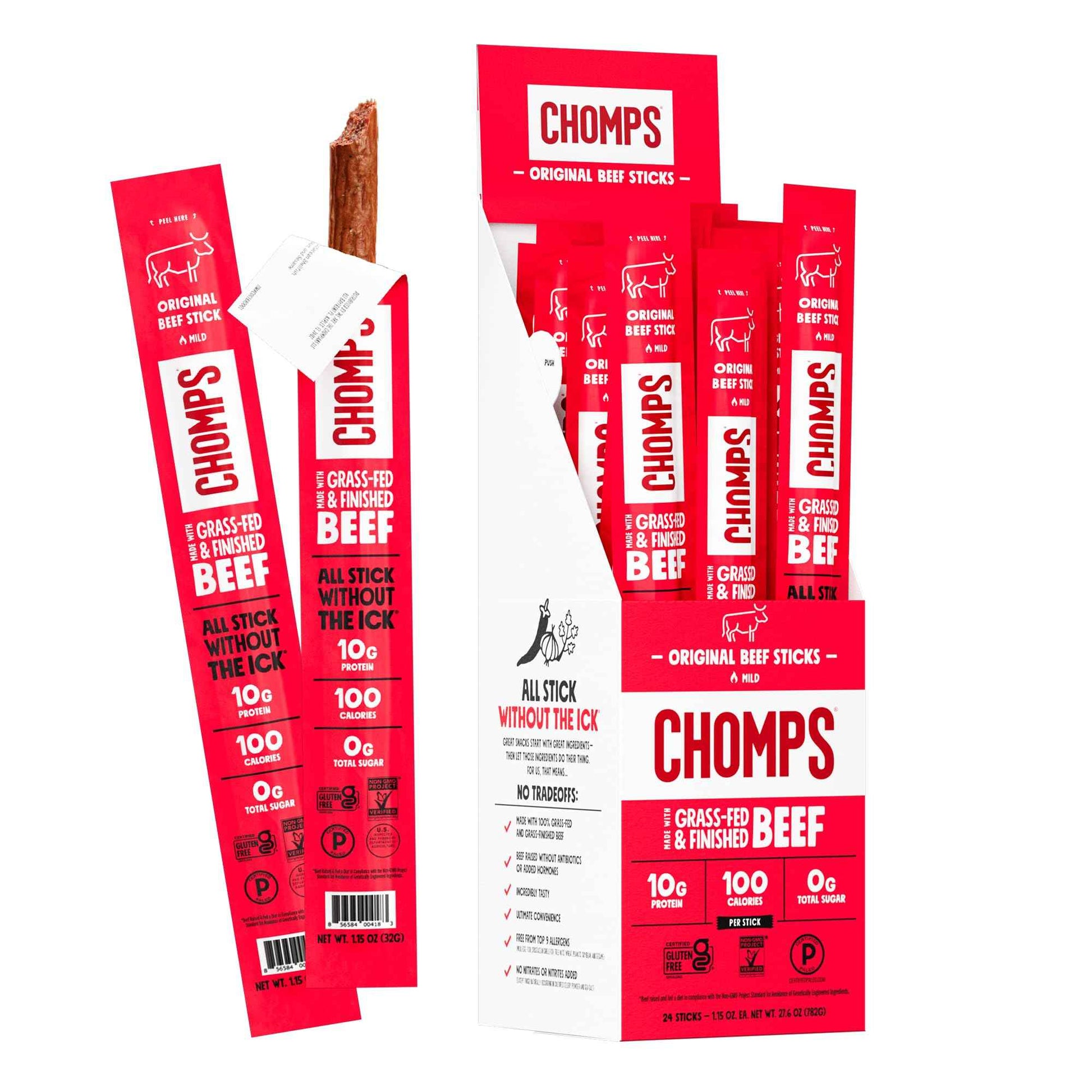 Chomps Grass-Fed and Finished Jerky Snack Sticks 24-Pack, Keto, Paleo, Whole30, 10g Protein, Gluten-Free