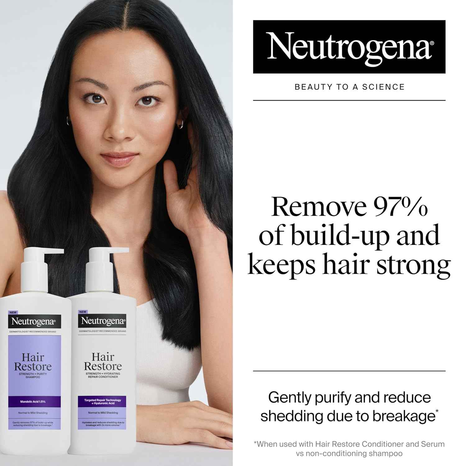 Neutrogena Hair Restore Strength + Purity Shampoo, Exfoliating Hair Wash with 1.5% Mandelic Acid Gently Removes 97% of Buildup & Reduces Shedding due to Breakage, Paraben-Free, 13 fl oz
