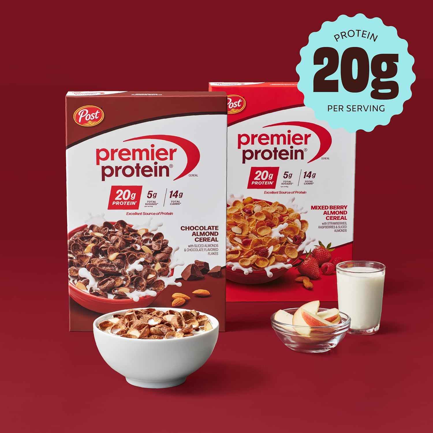 Post Premier Protein Cereal, Chocolatey Protein Cereal Flakes with Sliced Almonds, Contains 20g of Protein Per Serving, 30 OZ Box