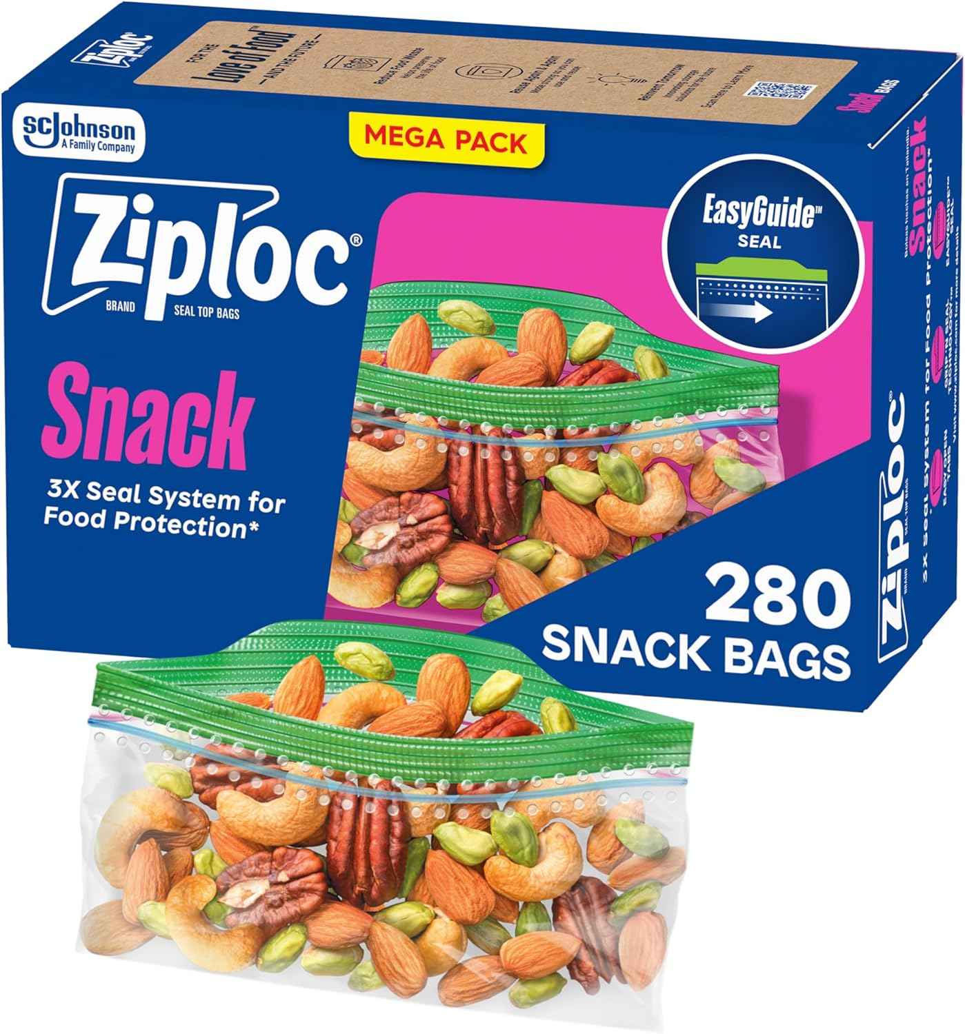 Ziploc Snack Bags with EasyGuide Texture, Small Plastic Storage Bags with Grip 'N Seal Technology, 280 Bags Total
