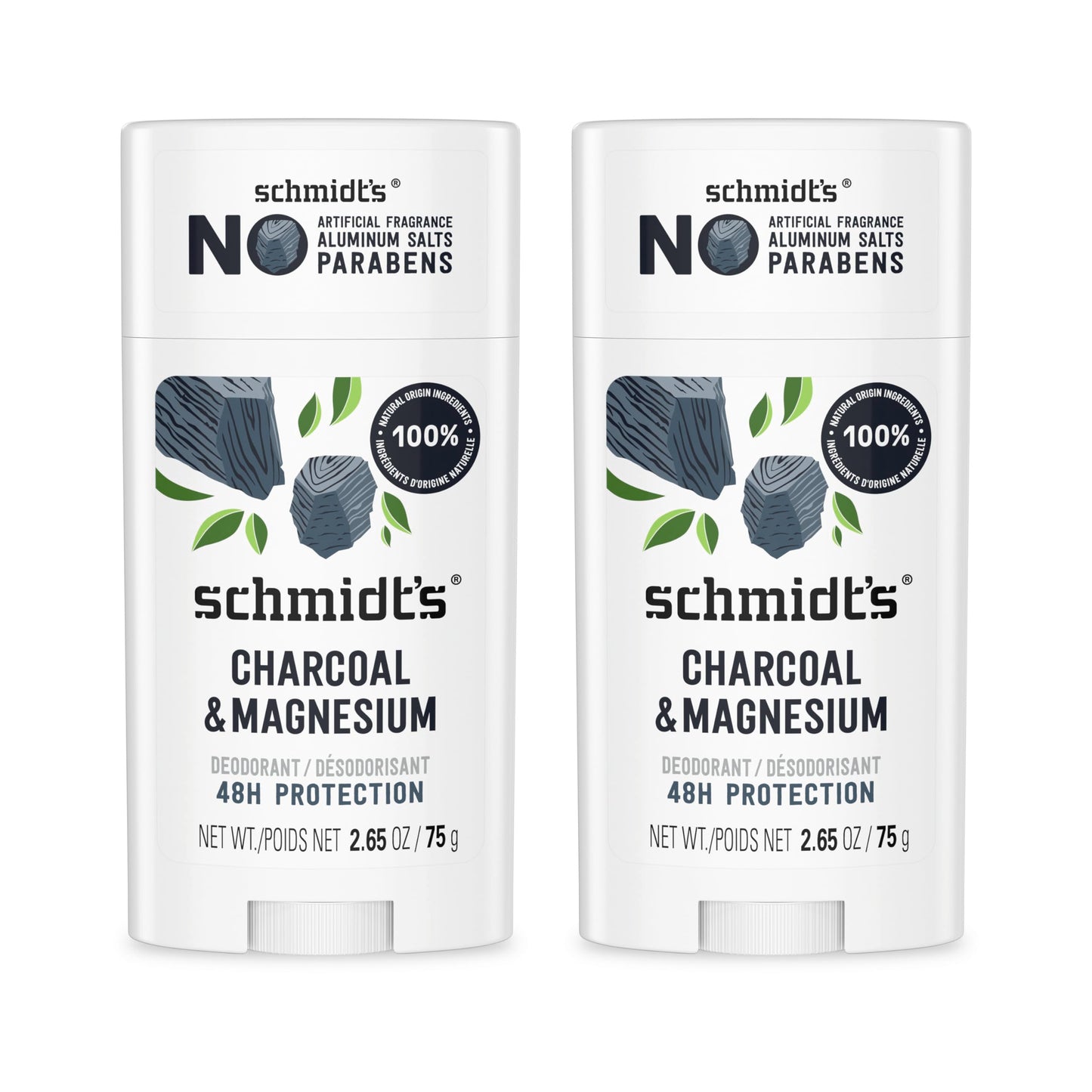 Schmidt&amp;#39;s Aluminum-Free Vegan Deodorant Charcoal &amp;amp; Magnesium with 48 Hour Odor Protection, 2 Count for Women and Men, Natural Ingredients, Cruelty-Free, 2.65 oz, Pack of 2