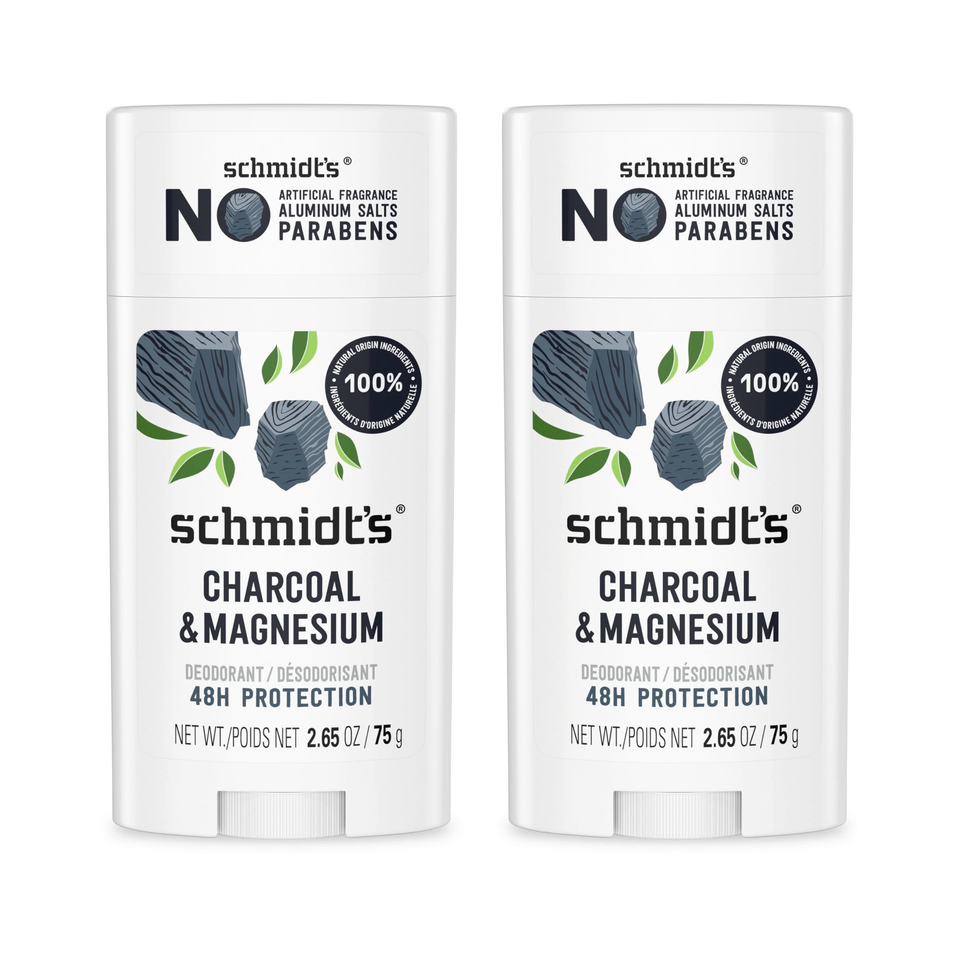 Schmidt&amp;#39;s Aluminum-Free Vegan Deodorant Charcoal &amp;amp; Magnesium with 48 Hour Odor Protection, 2 Count for Women and Men, Natural Ingredients, Cruelty-Free, 2.65 oz, Pack of 2