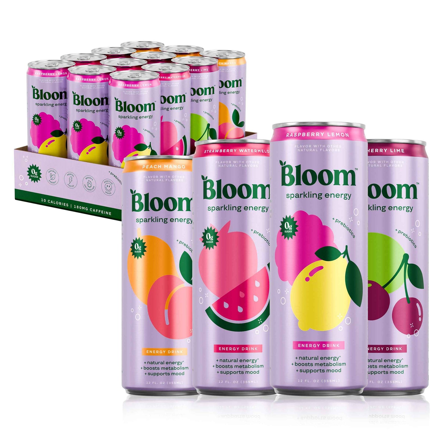 Bloom Nutrition Sparkling Energy Drink - Natural Caffeine, Zero Sugar, 180mg - Antioxidant-Rich with Green Coffee Bean, Green Tea Extract, Prebiotics
