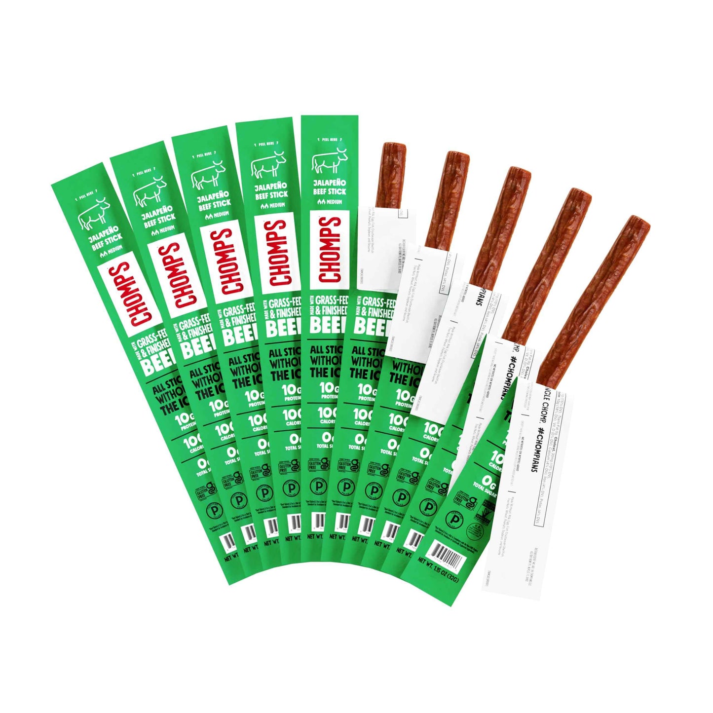 Chomps Grass-Fed and Finished Jerky Snack Sticks 10-Pack - Keto, Paleo, Whole30, 10g Lean Meat Protein, Gluten-Free, Zero Sugar Food, Non-GMO