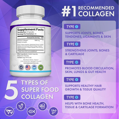 Toplux_Multi_Collagen_Peptides_Pills_1800_Mg_Complex_-_Type_I,_II,_III,_V,_X_Premium_Collagen_Complex_for_Better_Skin_&_Hair,_Strong_Joint,_Hydrolyzed_Protein,_for_Men_Women,_90_Capsules,_Supplement