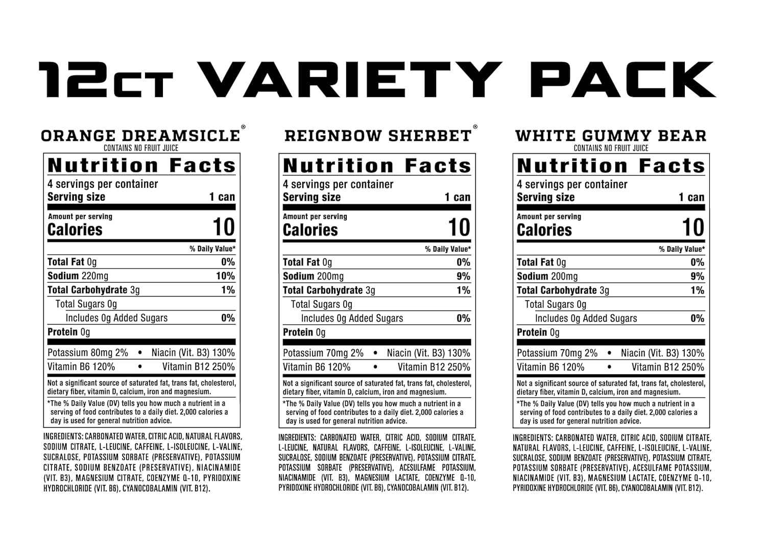 REIGN Total Body Fuel Variety Pack, Orange Dreamsicle, Reignbow Sherbet, White Gummy Bear, Fitness & Performance Drink, 16 Fl Oz (Pack of 12)