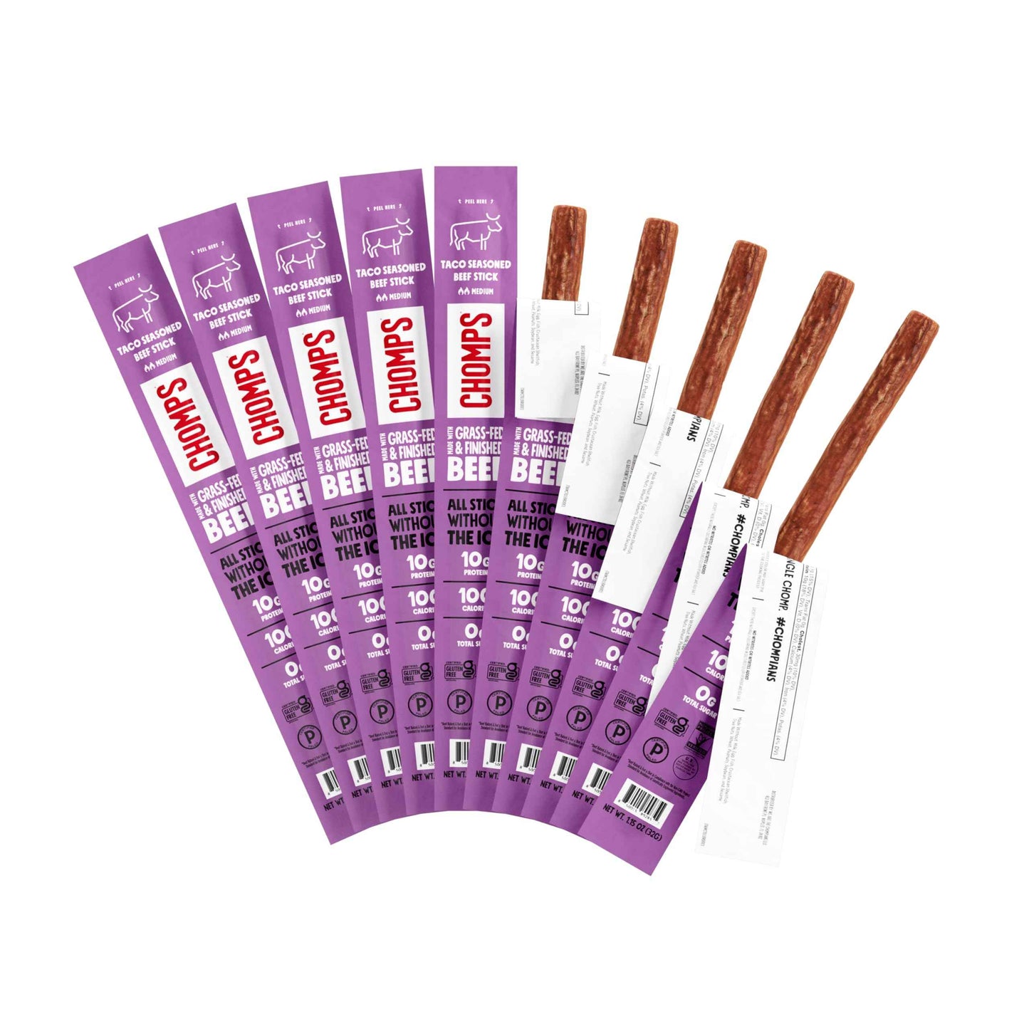 Chomps Grass-Fed and Finished Jerky Snack Sticks 10-Pack - Keto, Paleo, Whole30, 10g Lean Meat Protein, Gluten-Free, Zero Sugar Food, Non-GMO