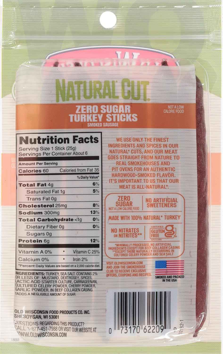 Old Wisconsin Natural Cut Turkey Sausage Snack Sticks, Zero Sugar, Naturally Smoked, Ready to Eat, High Protein, Low Carb, Keto, Gluten Free, No Artificial Preservatives or Nitrates, 5 Ounce
