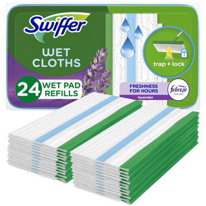 Swiffer Sweep + Mop, Wet Pads Refill, Floor Cleaner for Dirt, Dust, Hair, Cleaning Cloths for Mopping Home, Bathroom, Kitchen, All Purpose Multi-Surface Floor Wipes, Lavender, 24ct