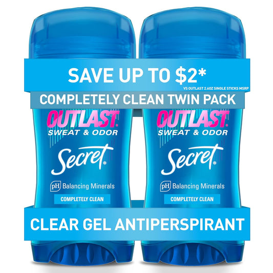Secret_Outlast_Antiperspirant_Deodorant_for_Women,_72hr_Sweat_&_Odor_Protection,_PH_Balancing_Minerals,_Pro-Hyaluronic_Acid,_Clear_Gel,_Completely_Clean_Scent,_2.6_oz_(Pack_of_2)