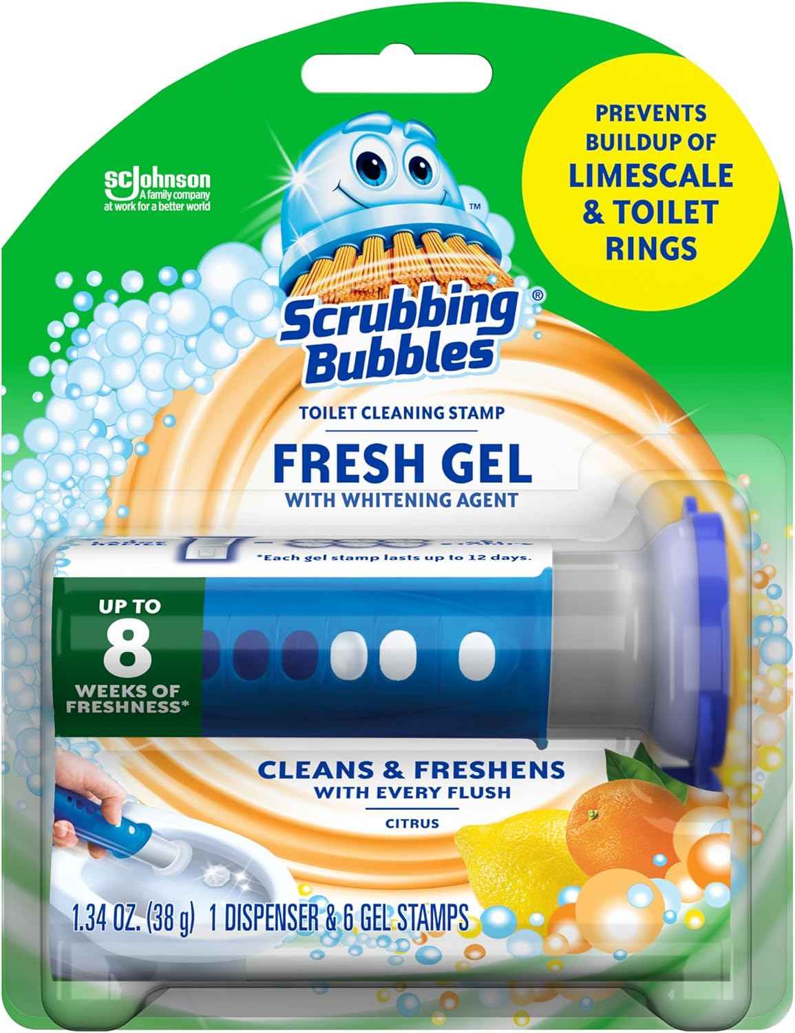 Scrubbing Bubbles Fresh Gel Toilet Bowl Cleaning Stamps, Helps Keep Toilet Clean and Helps Prevent Limescale & Rings, Citrus Scent, 1 Dispenser with 6 Fresh Gel Stamps