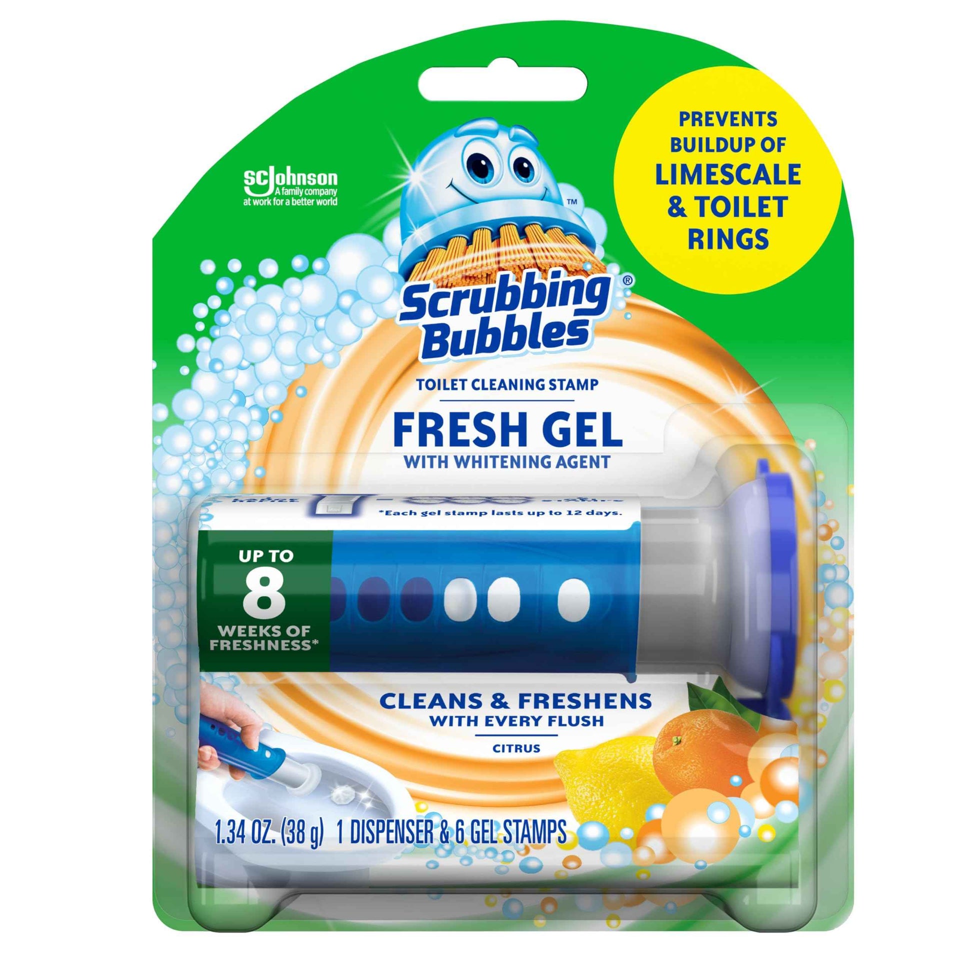 Scrubbing Bubbles Fresh Gel Toilet Bowl Cleaning Stamps, Helps Keep Toilet Clean and Helps Prevent Limescale & Rings, Citrus Scent, 1 Dispenser with 6 Fresh Gel Stamps