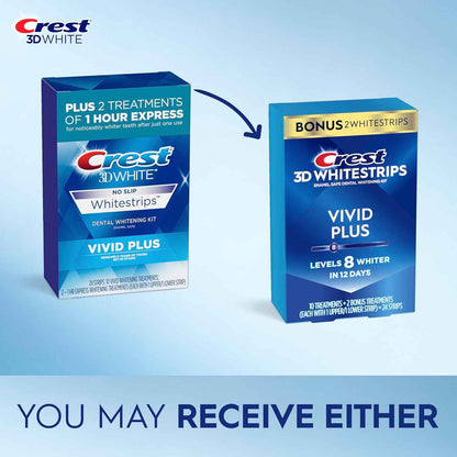 Crest 3D Whitestrips Vivid Plus, Teeth Whitening Strip Kit, 10 Treatments + 2 Bonus Treatments (Each with 1 Upper/1 Lower Strip), 24 Strips, 8 Levels Whiter, Teeth Whitening Kit