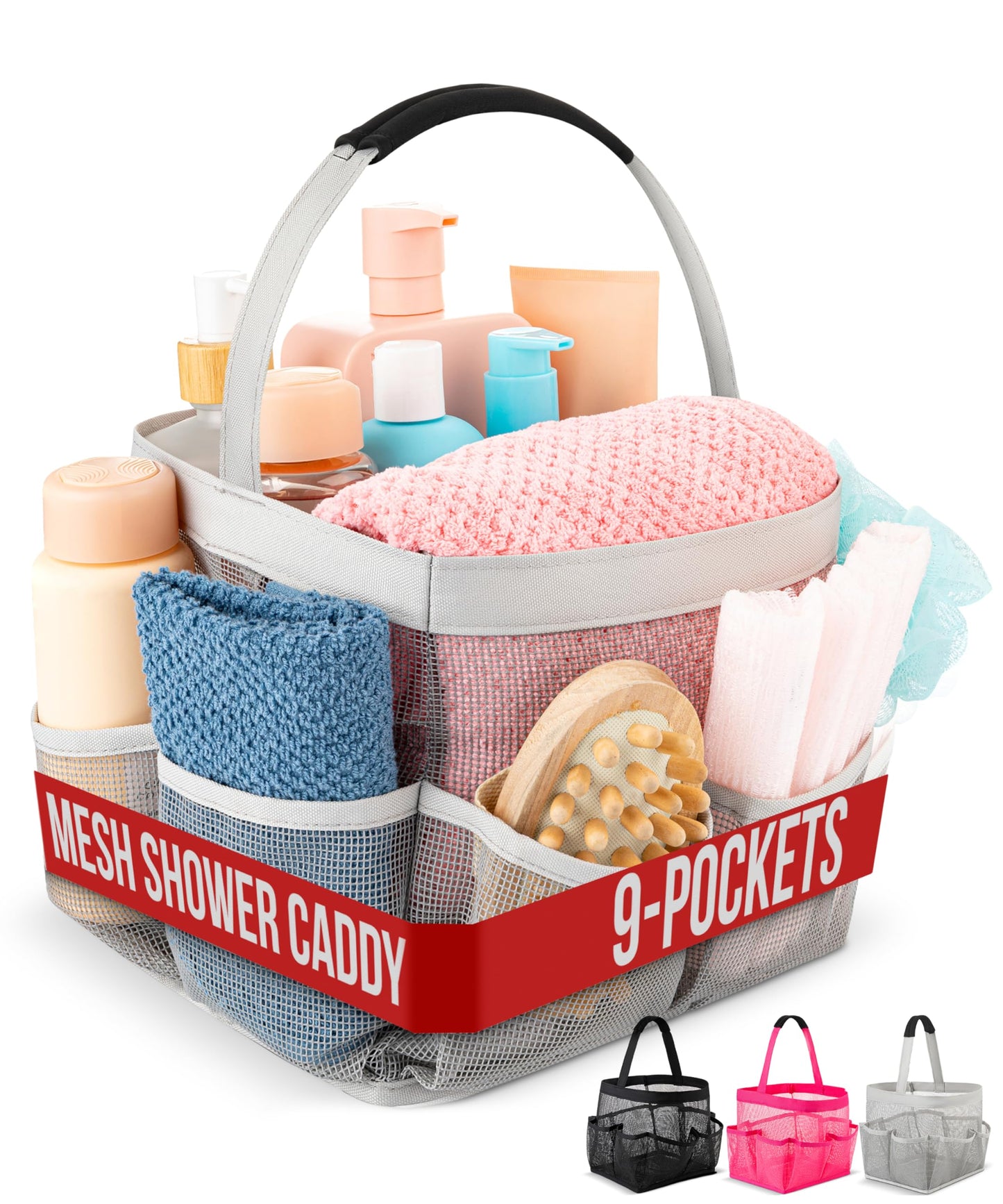 Masirs Mesh Shower Caddy – 9 Pocket Portable Shower Caddy Organizer for College Dorm, Travel, Gym, Bathroom – Quick Dry, Lightweight Tote Bag for Toiletries &amp;amp; Essentials, Gray
