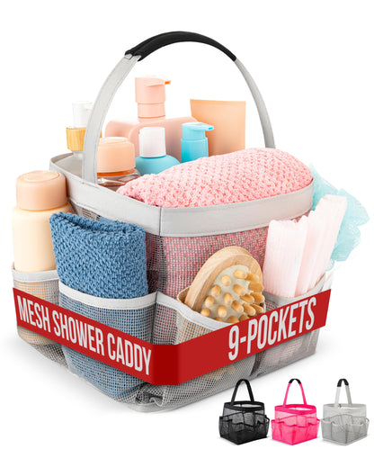 Masirs Mesh Shower Caddy – 9 Pocket Portable Shower Caddy Organizer for College Dorm, Travel, Gym, Bathroom – Quick Dry, Lightweight Tote Bag for Toiletries &amp;amp; Essentials, Gray