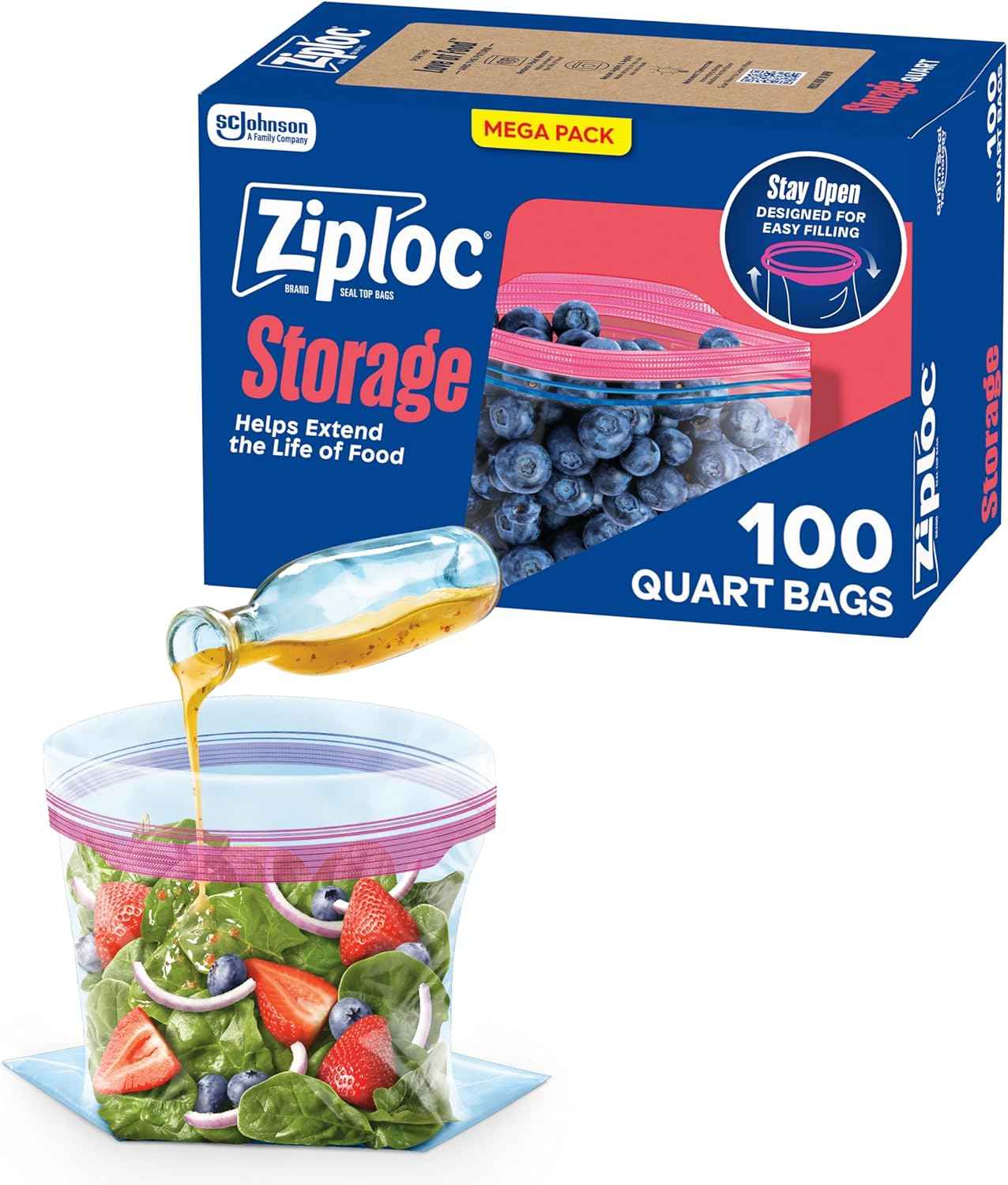 Ziploc Quart Food Storage Bags, Grip 'n Seal Technology for Easier Grip, Open, and Close, 100 Count
