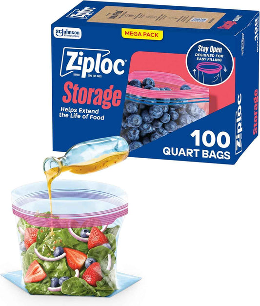Ziploc Quart Food Storage Bags, Grip 'n Seal Technology for Easier Grip, Open, and Close, 100 Count